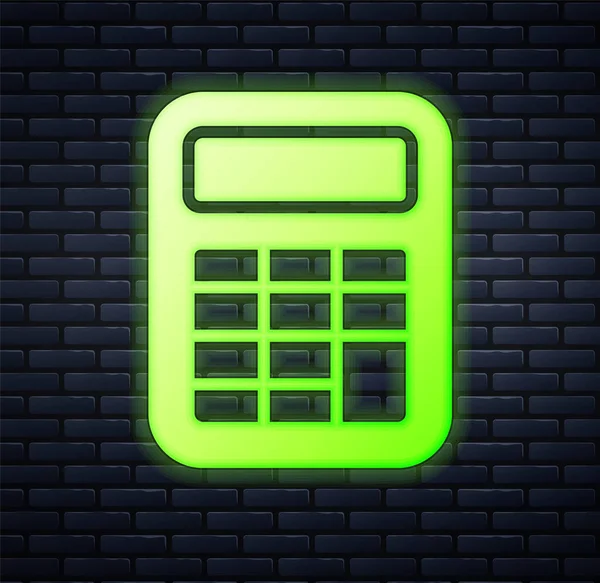 Zářící Neonová Kalkulačka Ikona Izolované Pozadí Cihlové Stěny Účetní Symbol — Stockový vektor
