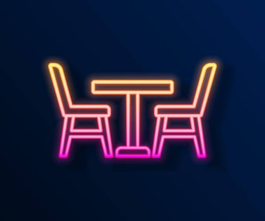 Siyah arka planda izole edilmiş sandalye ikonu olan parlak neon çizgili ahşap masa. Vektör.