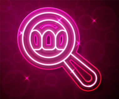 Glowing neon line Dental search icon isolated on red background. Tooth symbol for dentistry clinic or dentist medical center. Vector.