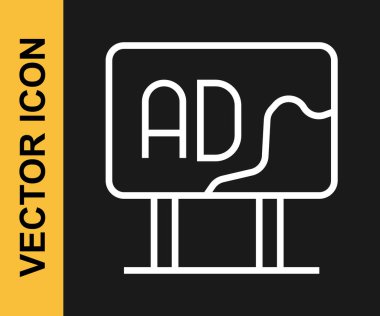 Beyaz çizgi reklam simgesi siyah arkaplanda izole edildi. Pazarlama ve tanıtım süreci kavramı. İlgili reklamlar. Sosyal medya reklamcılığı. Vektör.