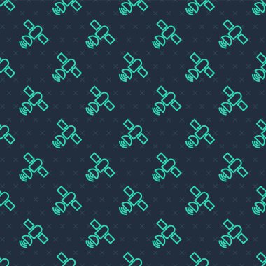 Yeşil çizgi uydu simgesi mavi arkaplandaki pürüzsüz deseni izole etti. Vektör.