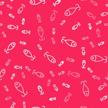 Beyaz çizgi Balık yemi ikonu kırmızı arkaplanda izole edilmiş pürüzsüz desen. Balık oltası. Vektör.