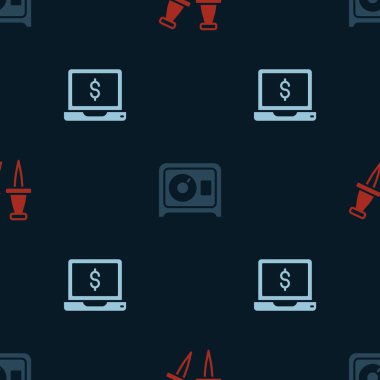 Set Push pin Safe and Laptop with dollar on seamless pattern. Vector.