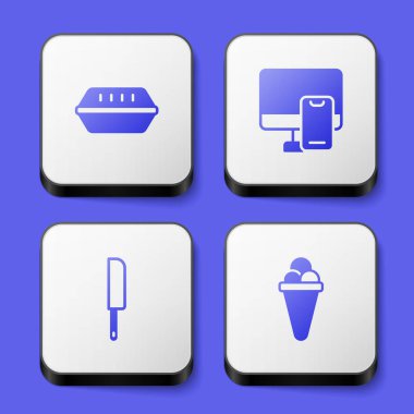 Set Lunch box Online ordering food Knife and Ice cream waffle icon. White square button. Vector.