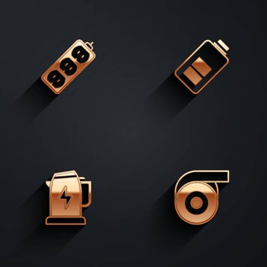 Set Electric extension Battery charge kettle and Roll adhesive tape icon with long shadow. Vector.