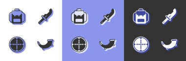Set Hunting horn Hiking backpack Sniper optical sight and Hunter knife icon. Vector.