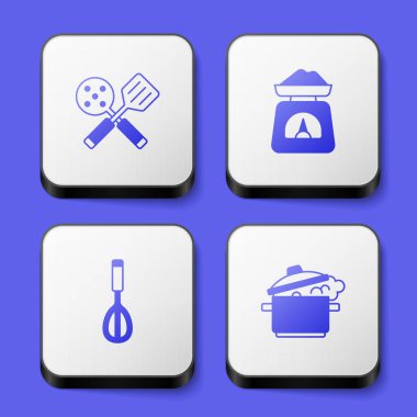 Set Spatula Scales Kitchen whisk and Cooking pot icon. White square button. Vector.