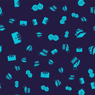 Set Online class Graduation cap on globe Question and Answer and Book donation on seamless pattern. Vector.