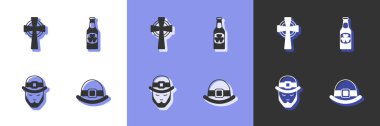 Set Leprechaun hat Celtic cross and Beer bottle with clover icon. Vector.