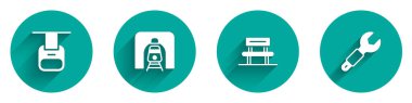 Set Cable car Train in railway tunnel Waiting hall and Wrench spanner icon with long shadow. Vector.