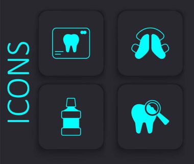 Set Broken tooth X-ray of Dental plate and Mouthwash icon. Black square button. Vector.