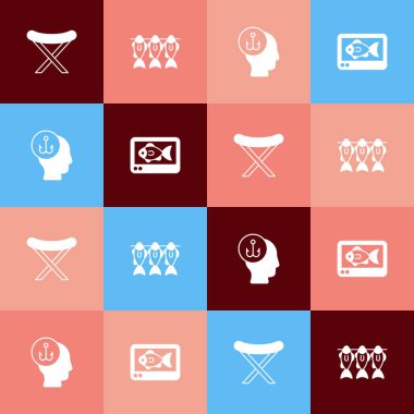 Set pop art Camping folding chair Dried fish Fisherman and finder echo sounder icon. Vector.