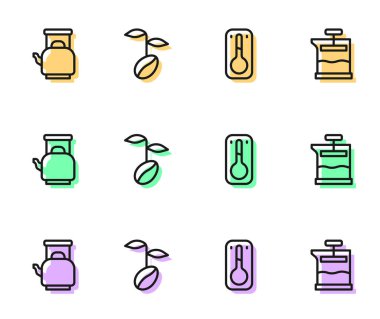 Set line Coffee thermometer Kettle with handle beans and French press icon. Vector.