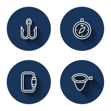 Set line Fishing hook Compass Carabiner and net with long shadow. Blue circle button. Vector.