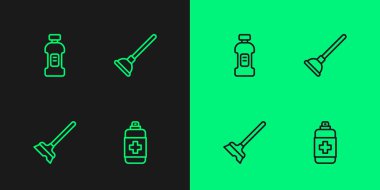 Set line Antibacterial soap Mop Bottle for detergent and Rubber plunger icon. Vector.