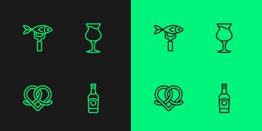 Set line Beer bottle Pretzel Dried fish and Glass of beer icon. Vector.