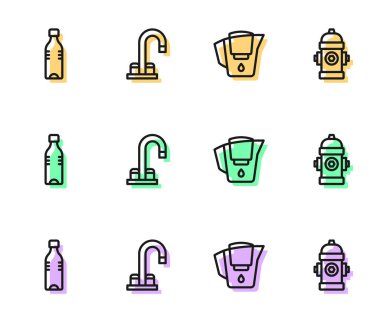 Set line Water jug with filter Bottle of water tap and Fire hydrant icon. Vector.