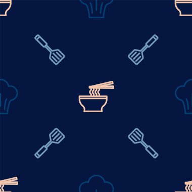 Set line Chef hat Spatula and Asian noodles in bowl on seamless pattern. Vector.