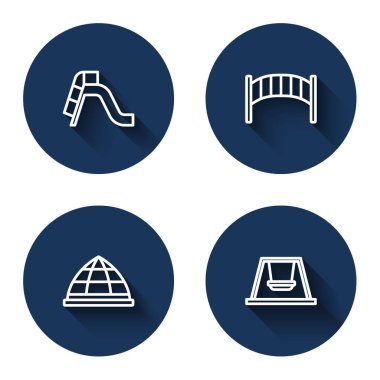 Set line Slide playground Playground kids bridge climbing equipment and Swing for with long shadow. Blue circle button. Vector.