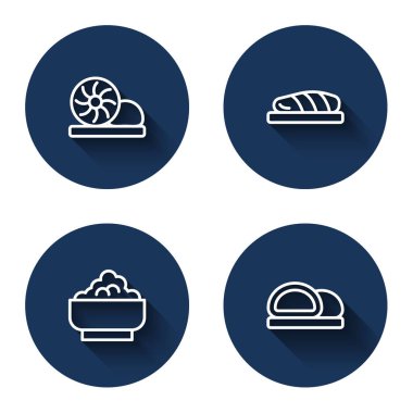 Set line Xiao long bao Fish steak Rice in bowl and Sushi with long shadow. Blue circle button. Vector.