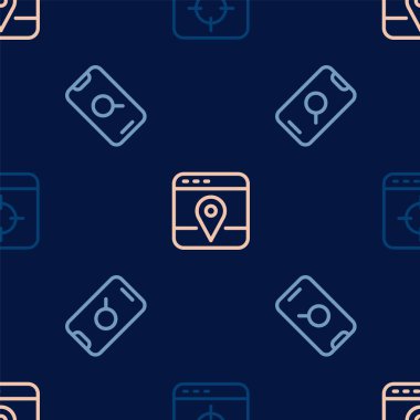 Set line Target financial goal Magnifying glass and mobile and Infographic of city map on seamless pattern. Vector.