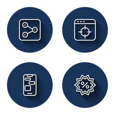 Set line Share Target financial goal Mobile 24 hours support and Discount percent tag with long shadow. Blue circle button. Vector.