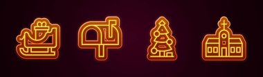 Set line Christmas santa claus sleigh Mail box tree and Church building. Glowing neon icon. Vector.