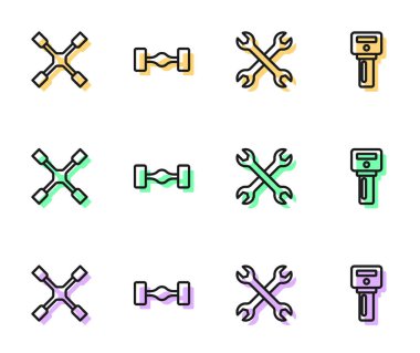 Set line Wrench spanner Wheel wrench Chassis car and Car key with remote icon. Vector.