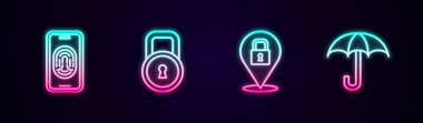 Set line Mobile with fingerprint scanner Lock and Umbrella. Glowing neon icon. Vector.