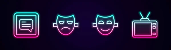 Set Line Video Subtitles Drama Theatrical Mask Comedy Retro Glowing — Wektor stockowy