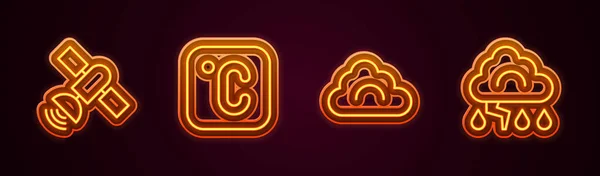 Set Line Satellite Celsius Cloud Lightning Glowing Neon Icon Vector — Διανυσματικό Αρχείο