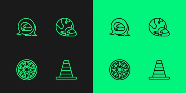 Set Line Traffic Cone Alloy Wheel Car Racing Helmet Icon — Image vectorielle