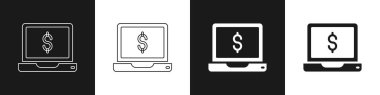 Siyah beyaz arkaplanda dolar simgesiyle dizüstü bilgisayarı ayarlayın. Dünyanın her yerine para göndermek, para transferi, online bankacılık, finansal işlemler. Vektör.