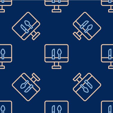 Çevrimiçi sipariş ve fast food dağıtım ikonu mavi arka planda izole edilmiş kusursuz desen. Vektör.