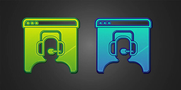Green and blue Telephone 24 hours support icon isolated on black background. All-day customer support call-center. Full time call services. Vector.