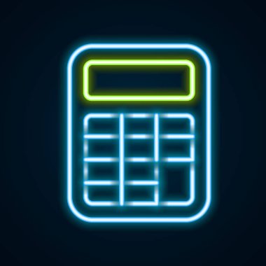 Parlayan neon hattı hesap makinesi simgesi siyah arkaplanda izole edildi. Muhasebe sembolü. İş hesaplamaları matematik eğitimi ve finans. Renkli taslak konsepti. Vektör.