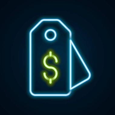 Siyah arka planda dolar simgesiyle parlayan neon hattı Price etiketi. Rozet fiyatına. Dolar sembollü indirim. Reklam etiketi indirimi. Renkli taslak konsepti. Vektör.