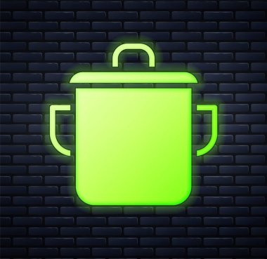 Parlayan neon tencere ikonu tuğla duvar arkasında izole edilmiş. Haşlama ya da güveç besin sembolü. Vektör.