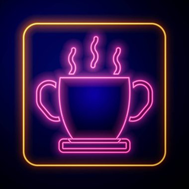 Siyah arka planda izole edilmiş sıcak çorba ikonu parlayan neon kasesi. Vektör.