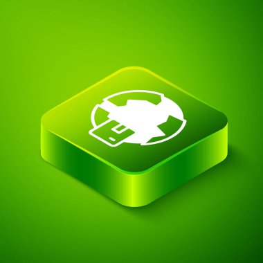 Isometric Worldwide nakliye simgesi yeşil arkaplanda izole edildi. Yeşil kare düğmesi. Vektör.