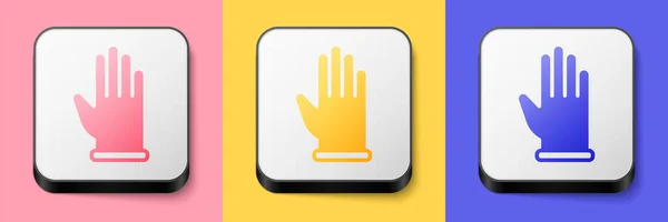 在粉色 黄色和蓝色背景上隔离的等距橡胶手套图标 Latex手部保护标志家务活清洁用品符号 正方形按钮 — 图库矢量图片