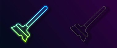 Parlayan neon hattı paspas simgesi siyah arkaplanda izole edildi. Temizlik hizmeti konsepti. Vektör.