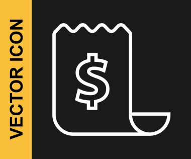 Beyaz çizgi kağıt kontrolü ve mali kontrol simgesi siyah arka planda izole edildi. Kağıt baskı çeki, makbuz ya da fatura. Vektör.