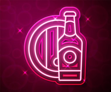 Parlayan neon hattı bira şişesi ve kırmızı arka planda izole edilmiş ahşap varil ikonu. Vektör.