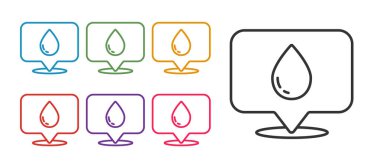 Beyaz arkaplanda izole edilmiş konum simgesi ile su bırakma hattı ayarlayın. Simgeleri renklendirin. Vektör.