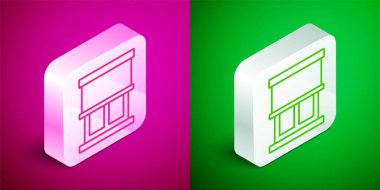 Oda simgesinde perdeleri olan Isometric çizgi penceresi pembe ve yeşil arkaplanda izole edilmiş. Gümüş kare düğme. Vektör.