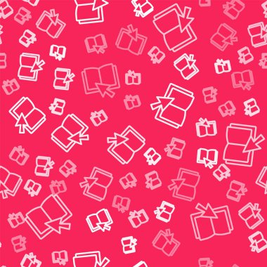 Beyaz çizgi çevrimiçi kitap simgesi kırmızı arkaplanda kusursuz desen izole etti. İnternet eğitimi konsepti, e-öğrenme kaynakları, uzak online kurslar. Vektör.