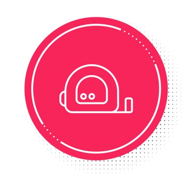 Beyaz çizgi rulet yapı ikonu beyaz arka planda izole edildi. Mezura ölçüm sembolü. Kırmızı daire düğmesi. Vektör.