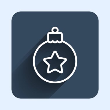 Beyaz çizgi Noel topu ikonu uzun gölge arkaplan izole. Mutlu Noeller ve mutlu yıllar. Mavi kare düğme. Vektör.