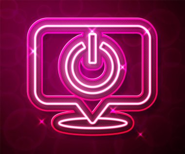 Parlayan neon hattı güç simgesi kırmızı arkaplanda izole edildi. Başlat işareti. Vektör.